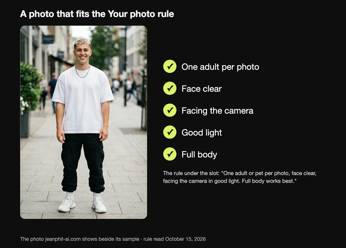 A photo that fits the Jean Phil AI photo rule: one adult, face clear, facing the camera, in good light, full body
