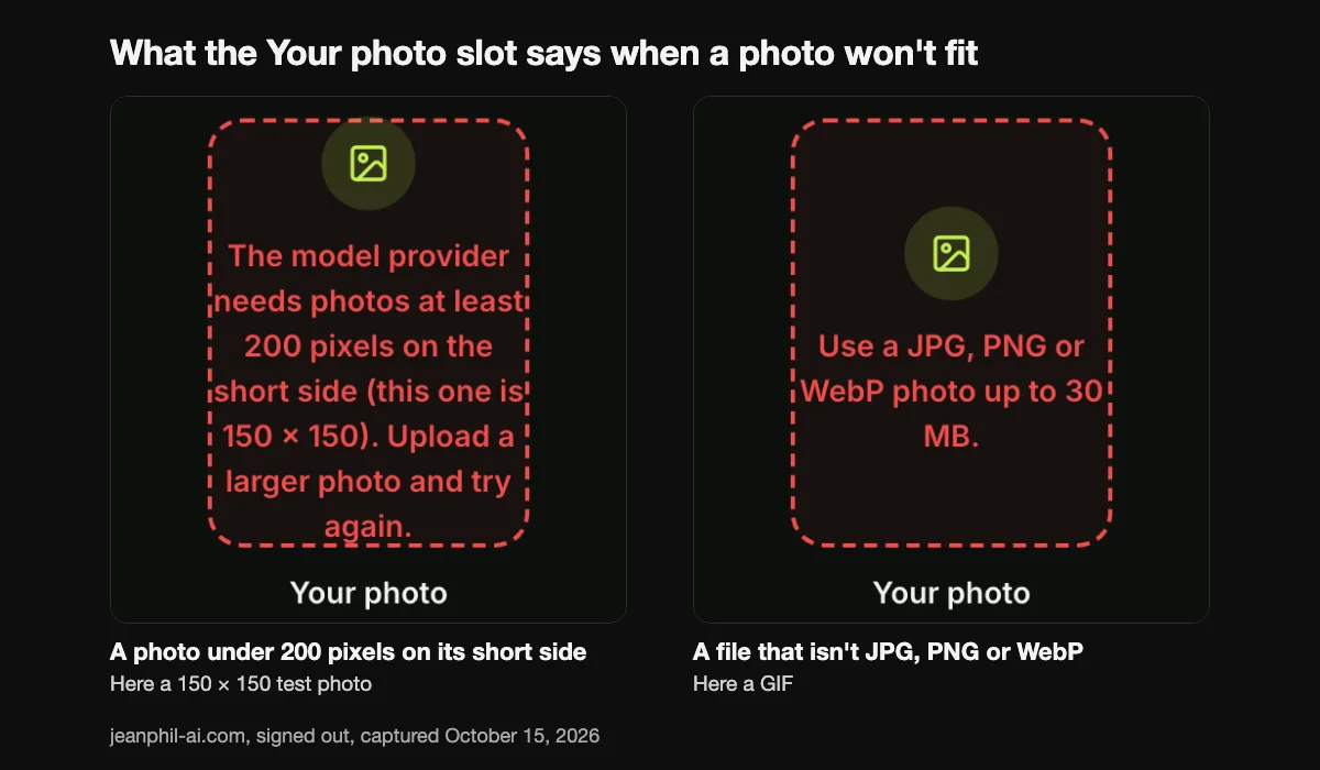 The two messages the Jean Phil AI photo slot shows: a 150 × 150 test photo under the 200-pixel minimum, and a GIF instead of a JPG, PNG or WebP