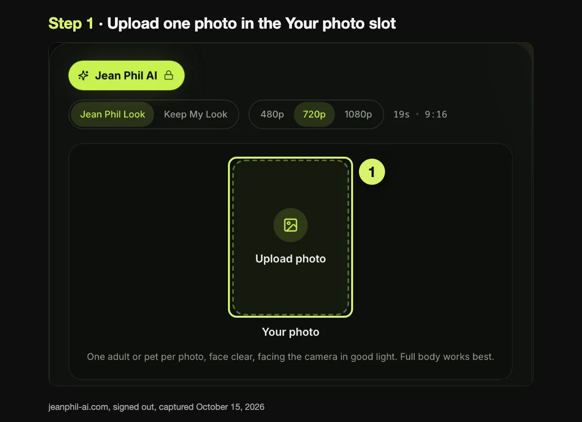 Step 1 of making a Jean Phil AI video: the Your photo slot on the Jean Phil AI generator, signed out, with the rule One adult or pet per photo, face clear, facing the camera in good light