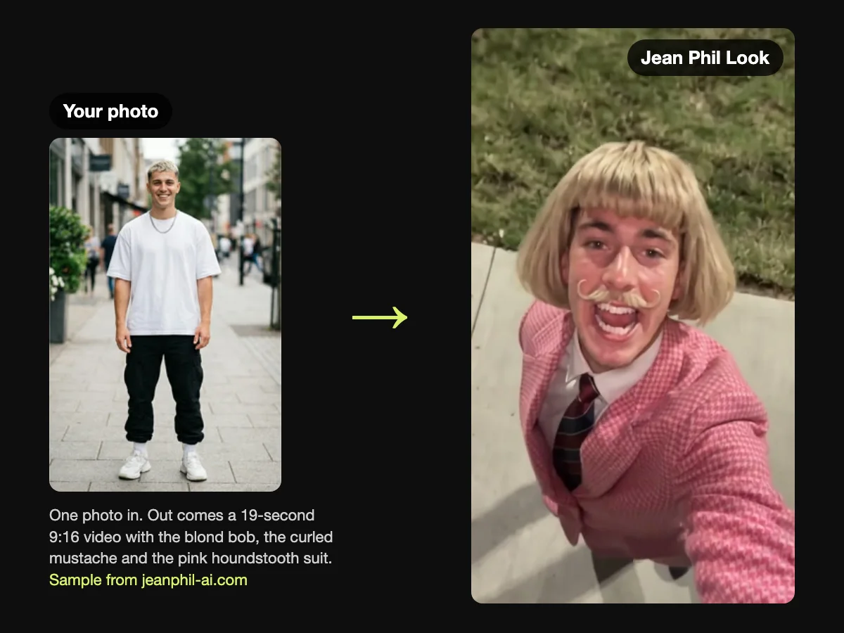 One photo in, one Jean Phil AI video out: a young man in a white T-shirt, then a frame of his 19-second video in the Jean Phil Look with the blond bob, curled mustache and pink houndstooth suit