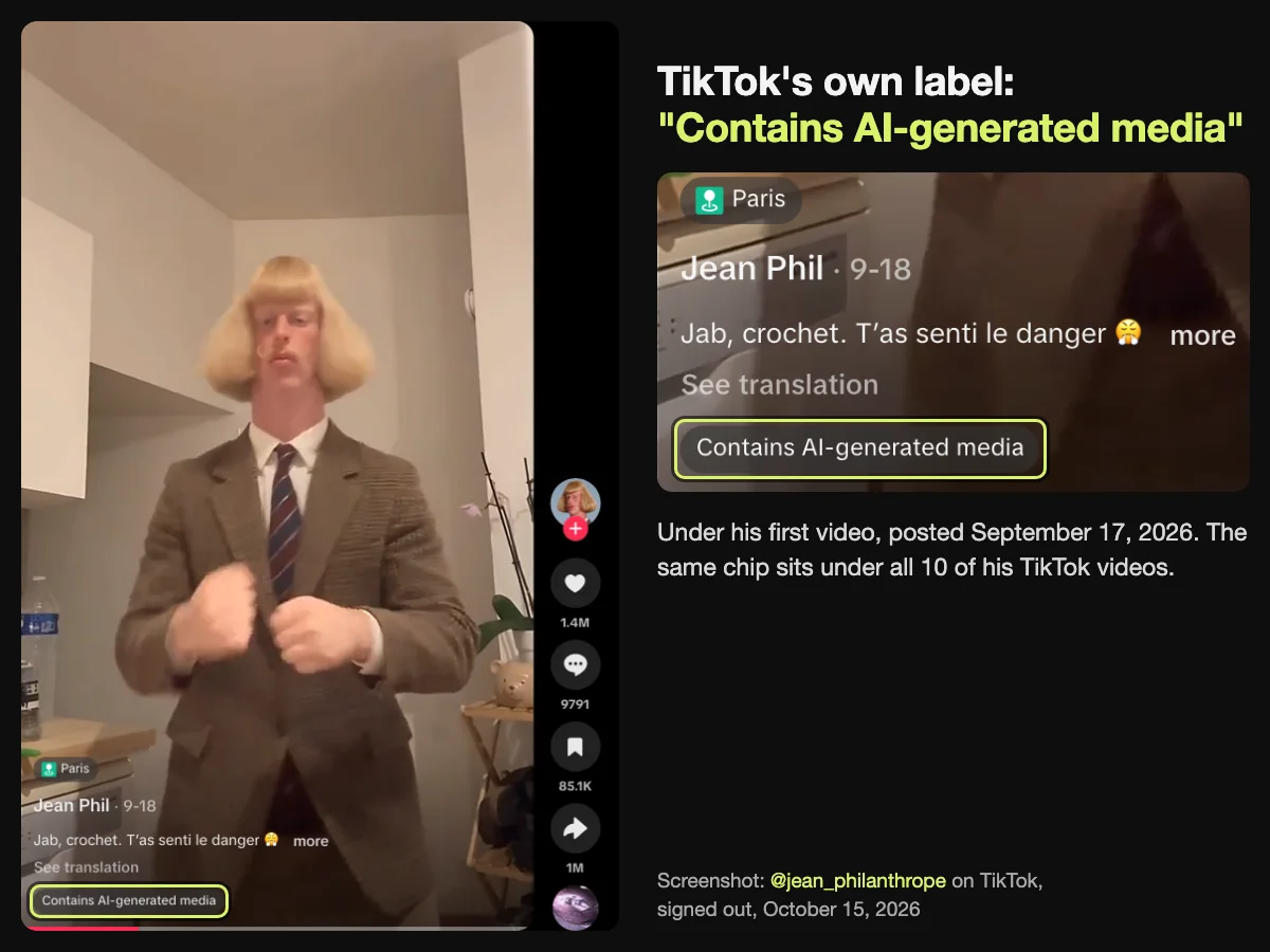 TikTok's Contains AI-generated media label under the caption of Jean Phil's first TikTok video, posted September 17, 2026, in a signed-out screenshot with a close-up of the label