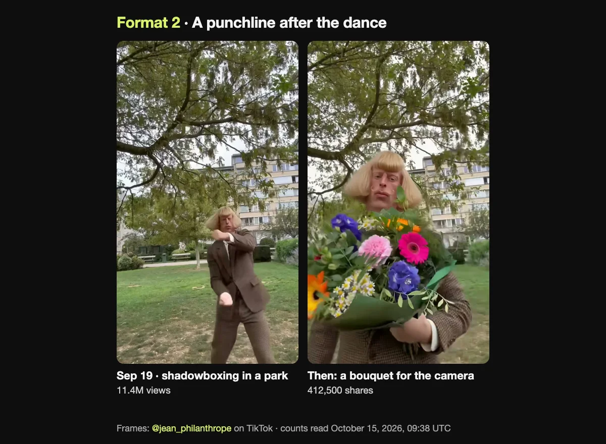 Jean Phil meme format 2, a punchline after the dance: Jean Phil shadowboxing under a tree in a park, then holding a bouquet up to the camera, September 19, 2026