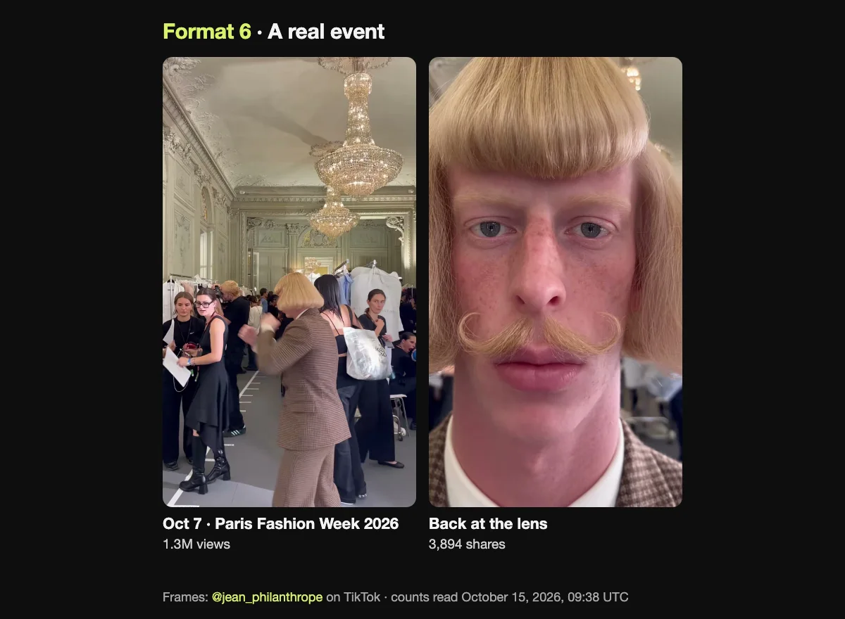 Jean Phil meme format 6, a real event: Jean Phil shadowboxing in a crowded room with chandeliers and clothes rails at Paris Fashion Week 2026, then a close-up of his straight face
