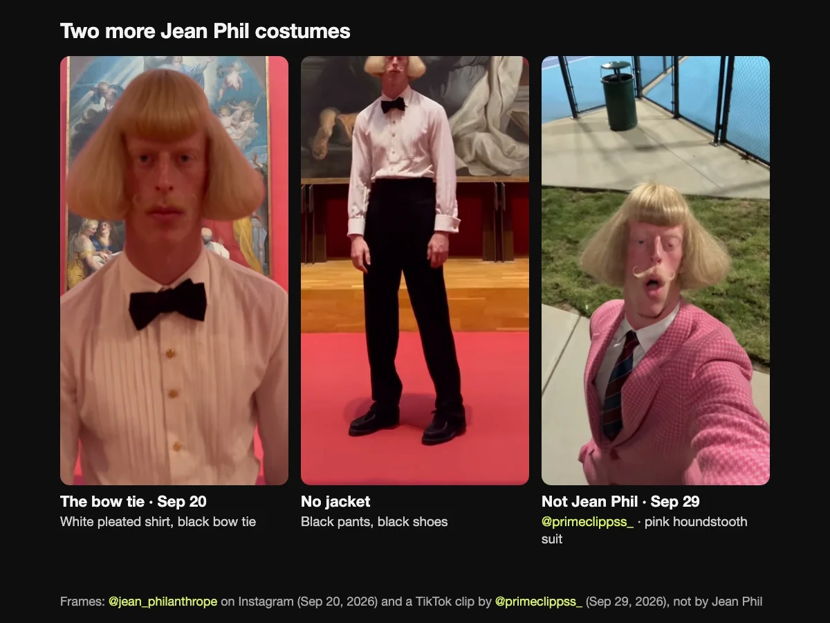 Two more Jean Phil costumes: his September 20, 2026 museum look with a white pleated shirt, a black bow tie and no jacket, and the pink houndstooth suit from a look-alike clip by @primeclippss_