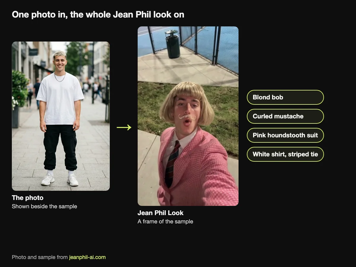One photo in, the whole Jean Phil look on: the photo jeanphil-ai.com shows beside its sample, and a frame of its Jean Phil Look sample with the blond bob, the curled mustache, the pink houndstooth suit, the white shirt and the striped tie