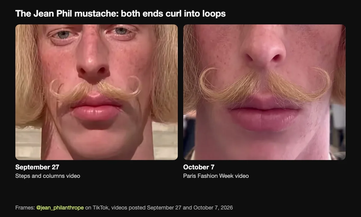 Close-ups of the Jean Phil mustache in his TikTok videos of September 27 and October 7, 2026: a blond handlebar mustache with both ends curled into small loops