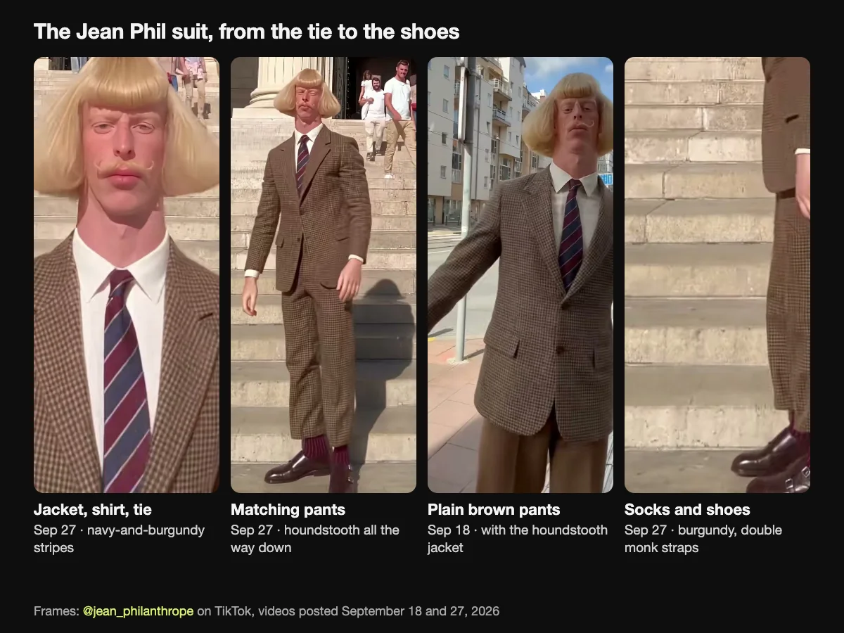 The Jean Phil suit in his TikTok videos: a brown houndstooth jacket with a white shirt and a navy and burgundy striped tie, matching pants on September 27, plain brown pants on September 18, and burgundy socks with double monk-strap shoes
