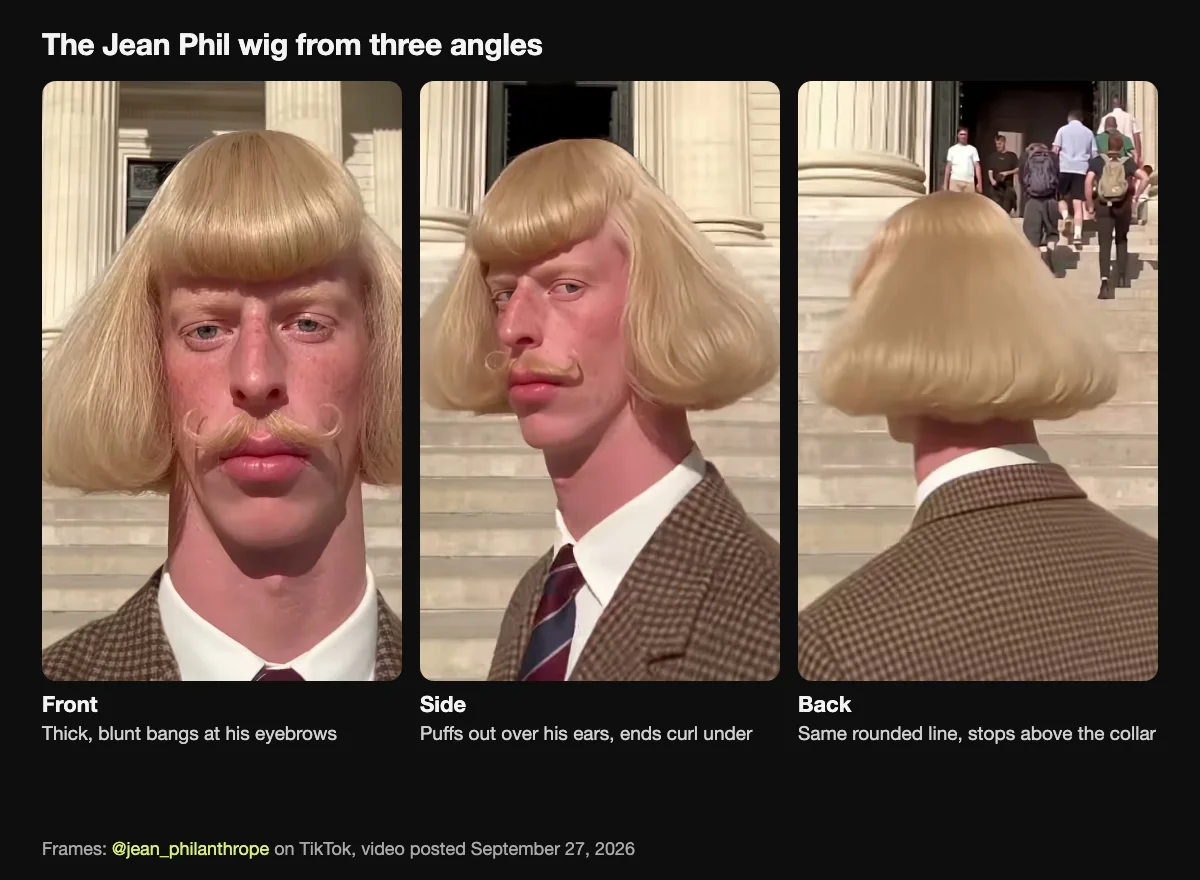 The Jean Phil wig from three angles in his September 27, 2026 TikTok video: thick blunt bangs at his eyebrows, sides that puff out over his ears, and a back that stops above his collar