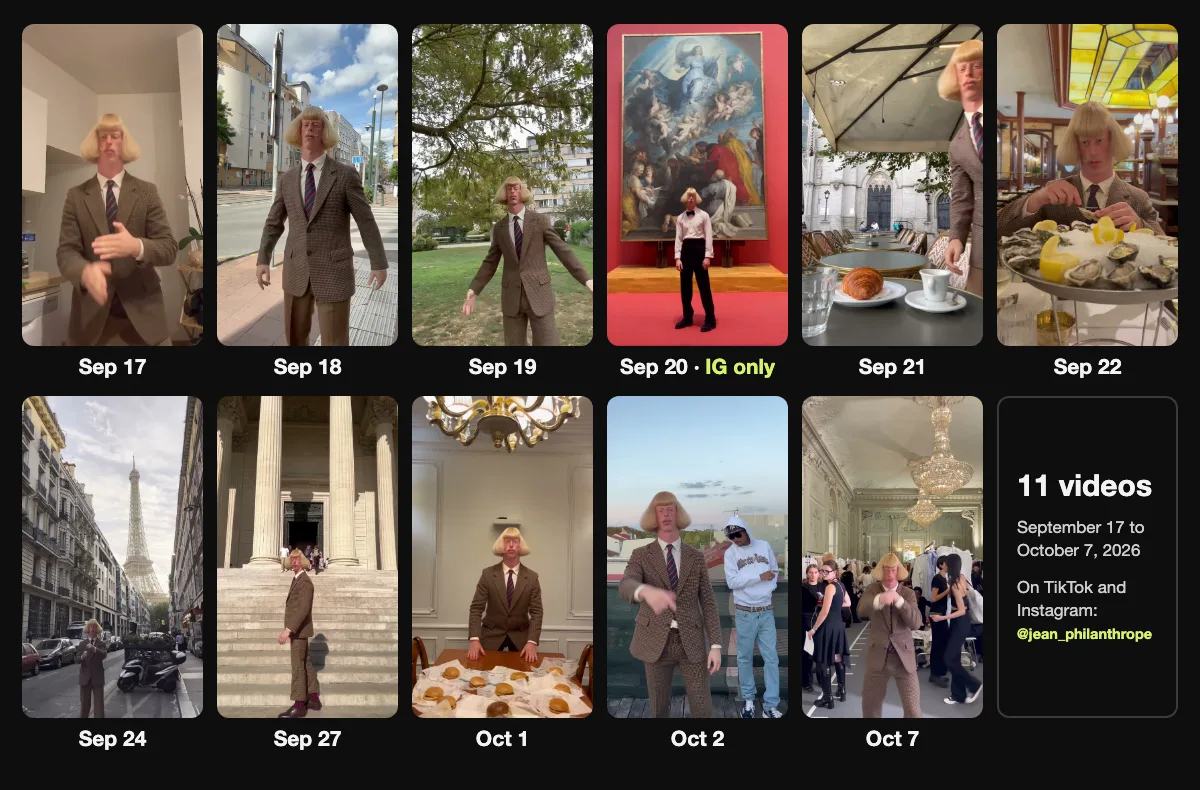 All 11 Jean Phil videos from September 17 to October 7, 2026, one frame each: a kitchen, a street, a park, an art museum, a café, an oyster restaurant, the Eiffel Tower, stone steps, a burger table, a rooftop and Paris Fashion Week