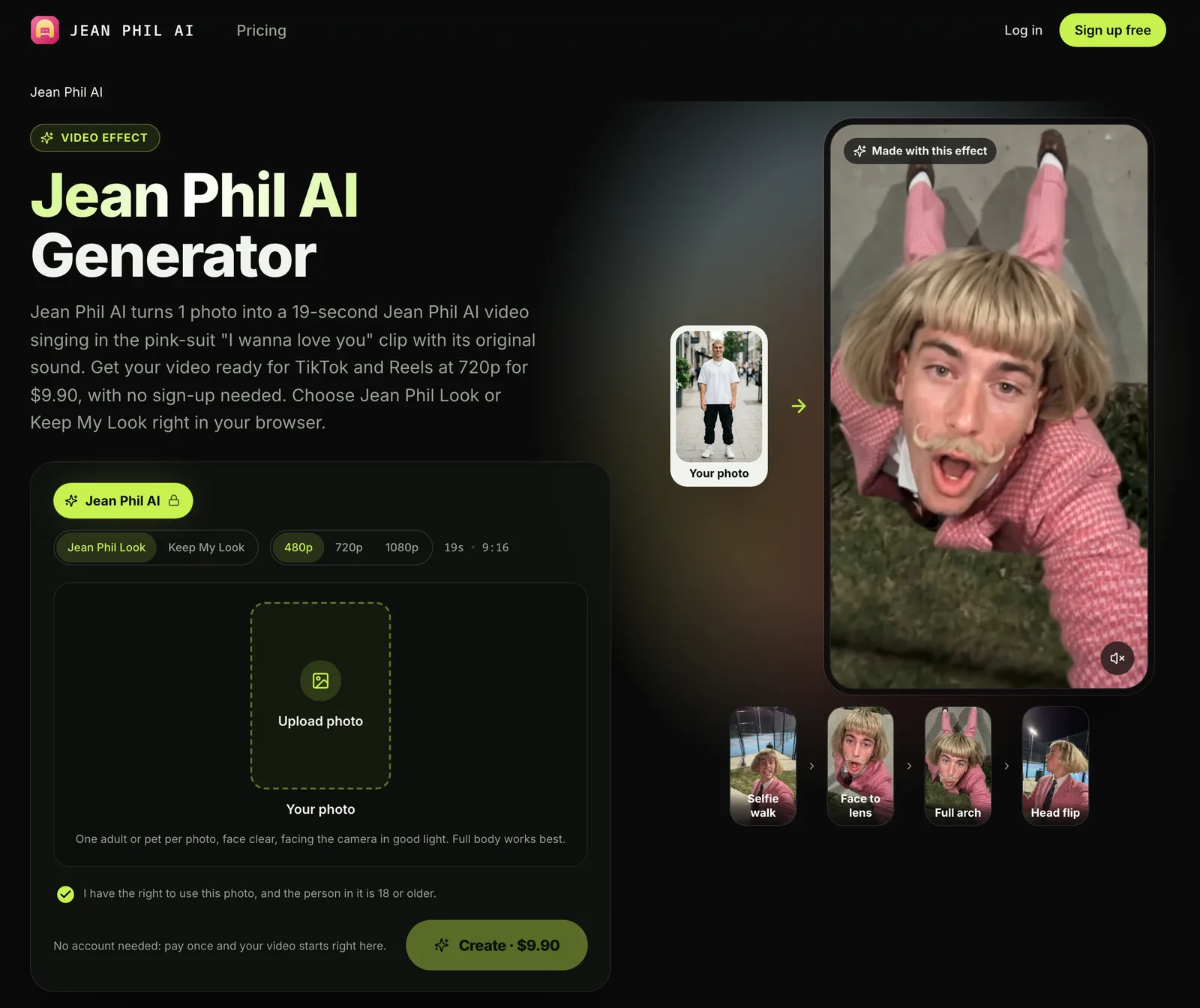 The Jean Phil AI generator on jeanphil-ai.com, signed out: Jean Phil Look or Keep My Look, 480p, 720p or 1080p, 19s · 9:16, one photo slot, a consent box and a Create · $9.90 button